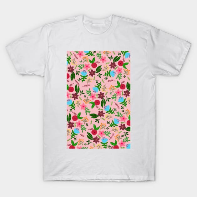 Red, pink, blue and maroon flower pattern with peach color background T-Shirt by SanMade